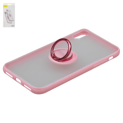 Чехол Baseus для iPhone X, iPhone XS, розовый, с кольцом держателем, матовый, пластик, #WIAPIPH58 YD04