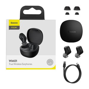 Гарнітура Baseus WM01, вакуумна, бездротова, чорна, із зарядним кейсом, з USB кабелем тип C, #NGTW370001 NGTW240001 NGWM01 01