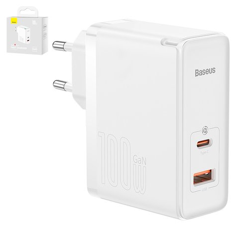 Сетевое зарядное устройство Baseus GaN5 Pro, 100 Вт, Quick Charge, белый, c кабелем USB тип C к USB тип C, 2 порта, #CCGP090202