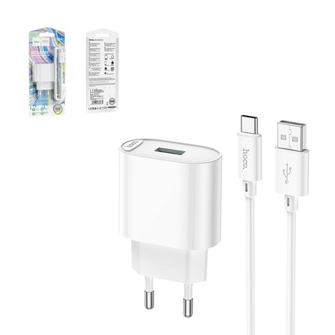 Мережевий зарядний пристрій Hoco C109A, 18 Вт, Quick Charge, білий, з USB кабелем тип C, 1 порт, #6931474784834