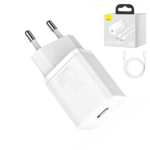 Adaptador de red Baseus Super Si, 20 W, Quick Charge, blanco, con cable USB tipo C Lightning para Apple, 1 puerto, #TZCCSUP B02