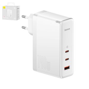 Adaptador de red Baseus GaN5 Pro, 140 W, Quick Charge, blanco, con cable USB tipo C USB tipo C, 3 puertos, #CCGP100202