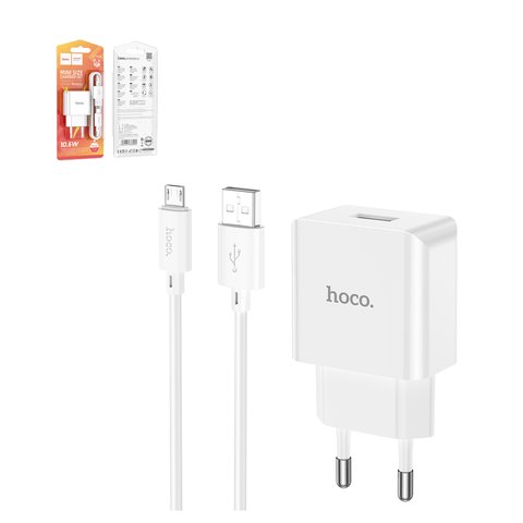 Мережевий зарядний пристрій Hoco C106A, 10,5 Вт, білий, з micro USB кабелем тип В, 1 порт, #6931474783905
