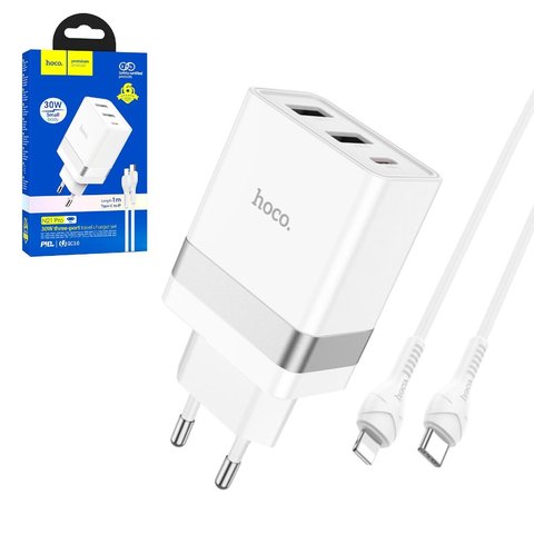 Мережевий зарядний пристрій Hoco N21 Pro, 30 Вт, Power Delivery PD , білий, з кабелем USB тип C до Lightning для Apple, 3 порта, #6931474778796