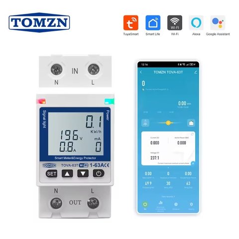 Розумний лічильник TOMZN TOVA 63T, 1P+N, з WiFi, 220 В, 1 63А, з підсвіткою